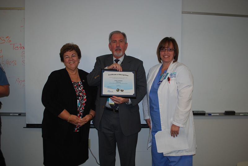 Shown at the presentation of the Bayhealth Milford Safety Award are (l-r) Bonnie Perratto, MSN, MBA, RN, NEA-BC, FACHE, senior vice president and chief nursing executive; Alex Zarow, RPh, MBA, pharmacy director,who accepted the award on behalf of Louis Levenson, RPh, MAS, MSITS; and Andrea Holecek, EdD, MSN, MBA, APRN, AOCNS, interim nurse manager of dialysis. SOURCE SUBMITTED